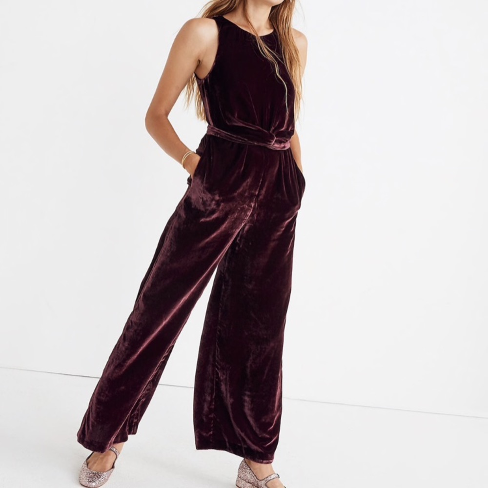 Velvet Twist-Front Jumpsuit in Pinot Noir